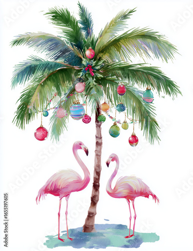 A pair of adorable pink flamingos standing under a palm tree decorated with colorful Christmas ornaments