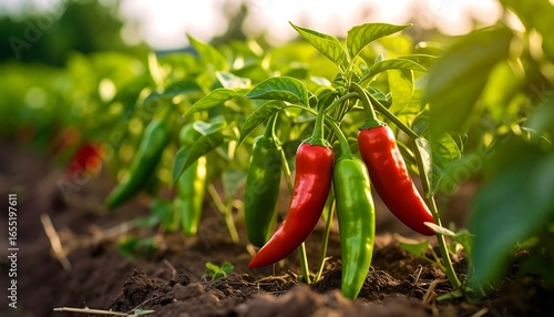 Red and green chili peppers hanging from plants in a sunny agricultural field.