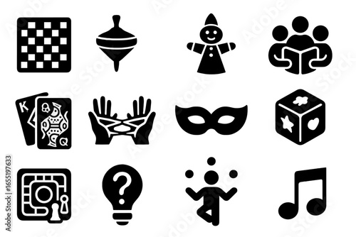 Traditional Games Icons. Solid style icons of traditional games and entertainment: chess board, spinning top, folk puppet,