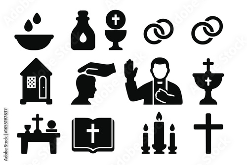 Christian Sacraments Icons. Solid style icons of Christian sacraments: baptism water, holy oil, chalice with host, wedding rings,