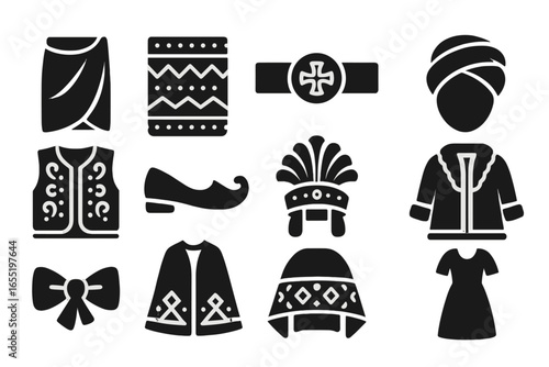 Cultural Clothing Icons. Solid style icons of clothing and dressing traditions: wrapped garment, patterned textile, belt with