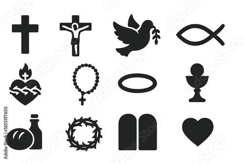 Christian Symbols Icons. Solid style icons of Christian symbols: cross, crucifix, dove, fish symbol, sacred heart, rosary, halo,