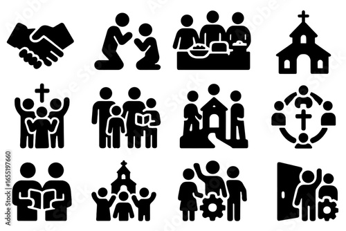 Christian Community Icons. Solid style icons of Christian community and fellowship: handshake, communal prayer, church potluck,