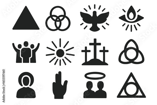 Holy Trinity Symbols. Solid style icons of Feast of the Holy Trinity: triangle symbol, three interlinked circles, shining dove,