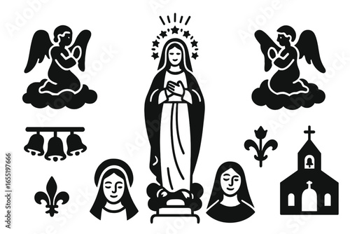 Immaculate Conception Icon. Solid style icons of Feast of the Immaculate Conception: Mary in white, radiant halo, blue robe, stars