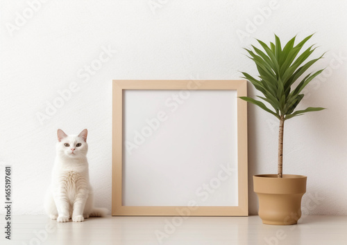 blank modern frame mockup with a cat sitting next by