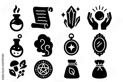 Halloween Spell Icons. Solid style icons of Halloween spells and potions: steaming potion, open scroll, enchanted crystal,