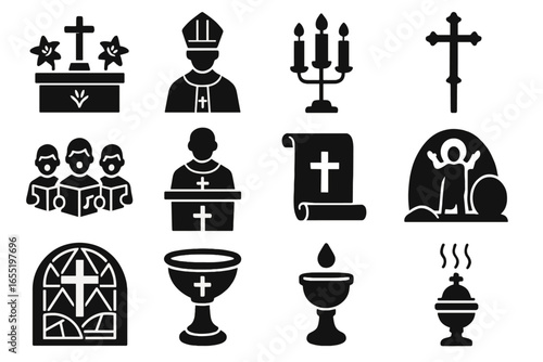 Easter Church Icons. Solid style icons of Easter in church: altar with lilies, clergy in white, candle stand, procession cross,