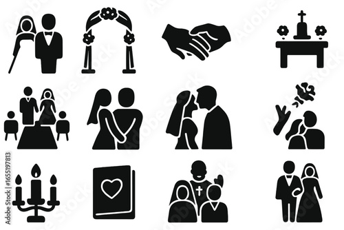 Wedding Icons Collection. Solid style icons of wedding ceremony: bride and groom, wedding arch, exchanging rings, altar with
