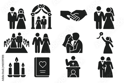 Wedding Ceremony Icons. Solid style icons of wedding ceremony: bride and groom, wedding arch, exchanging rings, altar with flowers