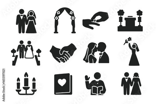 Wedding Ceremony Icons. Solid style icons of wedding ceremony: bride and groom, wedding arch, exchanging rings, altar with flowers