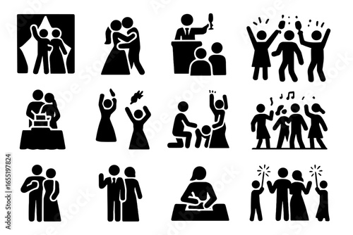 Wedding Reception Icons. Solid style icons of wedding reception moments: grand entrance, first dance, toast speech, group cheers,