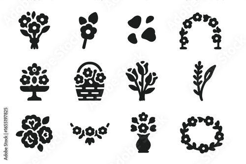 Wedding Floral Icons. Solid style icons of wedding flowers and bouquets: bridal bouquet, groom boutonniere, flower petals, floral