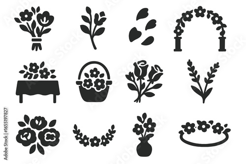 Wedding Floral Icons. Solid style icons of wedding flowers and bouquets: bridal bouquet, groom boutonniere, flower petals, floral
