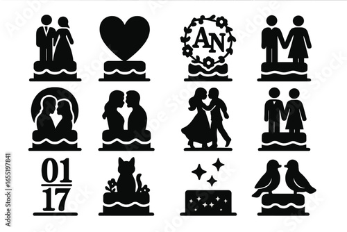 Wedding Cake Toppers. Solid style icons of wedding cake toppers: bride and groom figures, heart topper, initials monogram, floral