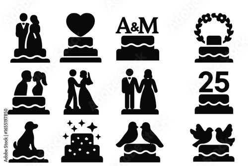 Wedding Cake Toppers. Solid style icons of wedding cake toppers: bride and groom figures, heart topper, initials monogram, floral