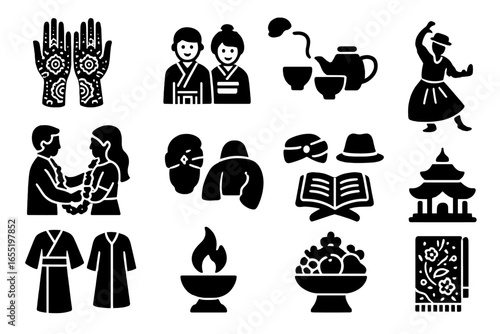 Multicultural Wedding Icons. Solid style icons of multicultural wedding elements: henna hands, kimono couple, tea set, lei