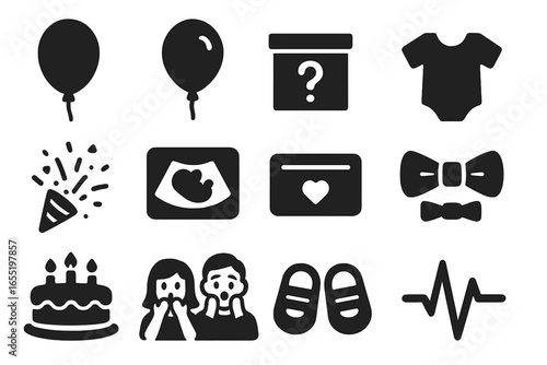 Baby Gender Reveal Icons. Solid style icons of baby gender reveal: pink balloon, blue balloon, question mark box, onesie hanging,