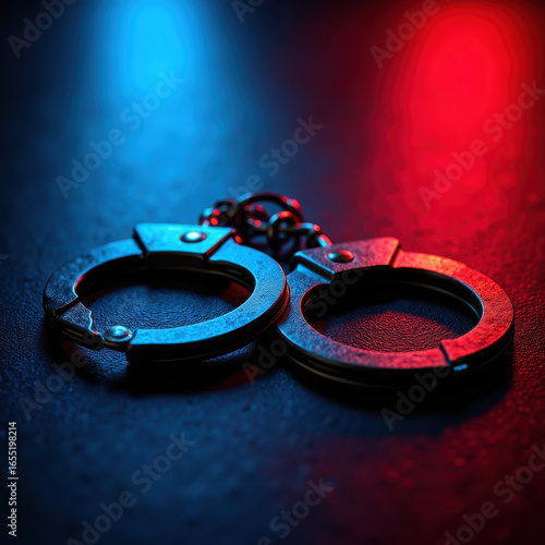Close-up of shiny handcuffs on a textured surface illuminated by red and blue lights, symbolizing law enforcement and justice themes.
