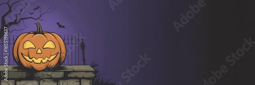 Glowing Jack-o'-Lantern Halloween Vector Banner — Stone Wall & Iron Graveyard Fence, Bare Tree Flying Bats Purple Gradient Background — Panoramic Social Media Header / Website Hero Right-Side Copy Spa