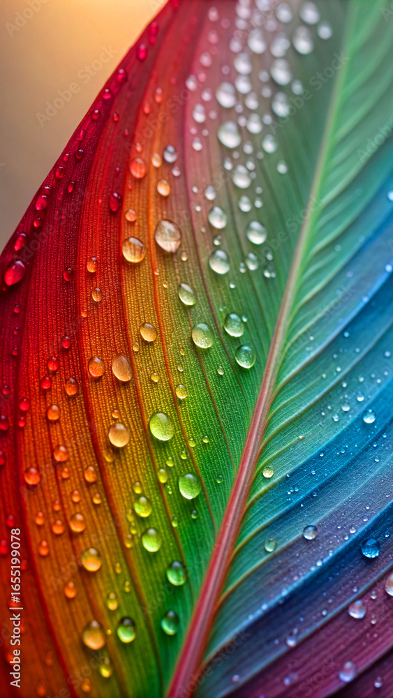 Naklejka premium Rainbow leaf water droplets colors