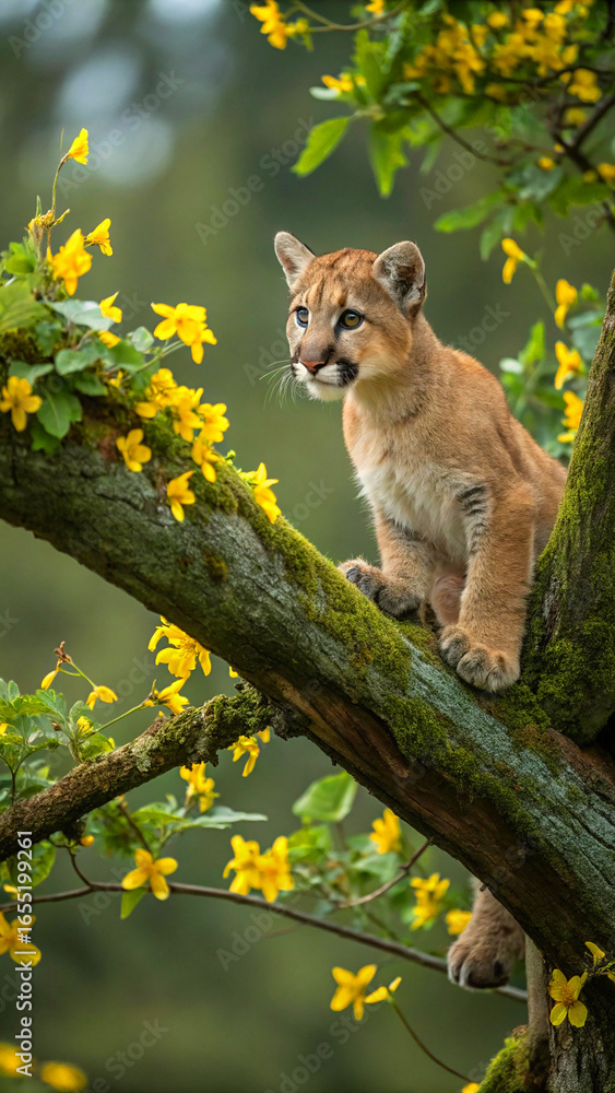 Fototapeta premium Puma cub perched on mossy branch with yellow flowers