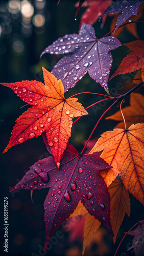 Crimson orange purple maple leaves water droplets autumn