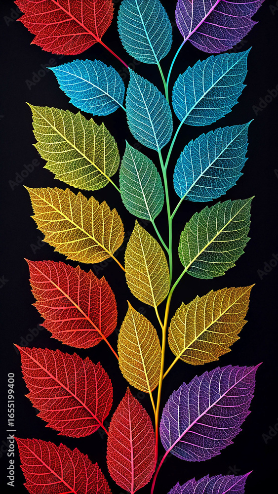 Obraz premium Colorful skeleton leaves on black blue