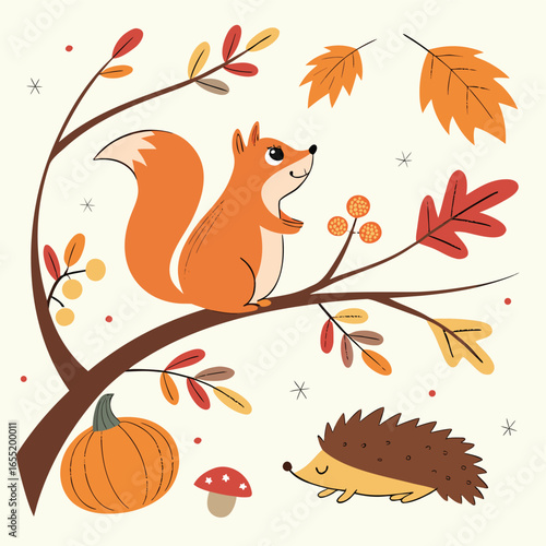 Whimsical autumn illustration of a squirrel on a branch with a hedgehog and pumpkin fall