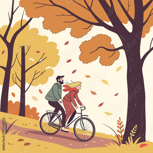 Couple riding a tandem bicycle through an autumnal forest with falling leaves vector