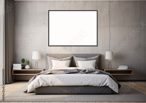 blank frame mockup interior of bedroom with bed