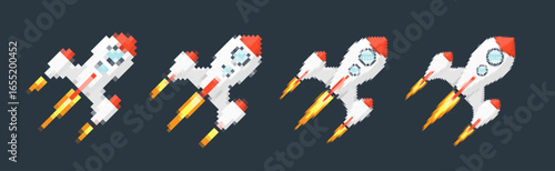 Pixel art rocket with fiery trails, retro games, space-themed designs, apps, or animations. 8-bit style for technology, sci-fi, and futuristic creative projects. Vector illustration