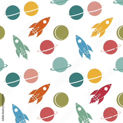Colorful Space Rockets and Planets Pattern