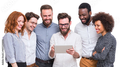 Laughing colleagues using tablet in fun team meeting - isolated on transparent background 