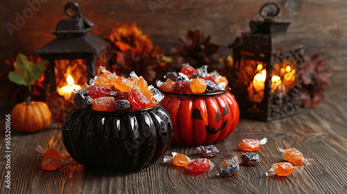Mangkuk permen Halloween yang meriah dengan labu dan lilin