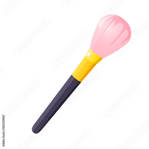 Vector illustration of professional makeup brush with soft bristles in pink color isolated on white background. Cosmetic beauty tool for applying powder or blush.
