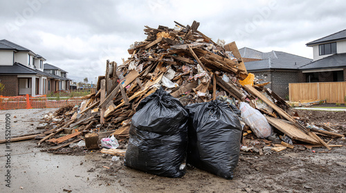 Large pile of construction debris sits on suburban driveway. Broken wood, timber, building materials mixed with two large black rubbish bags filled with rubbish. Homes in background suggest
