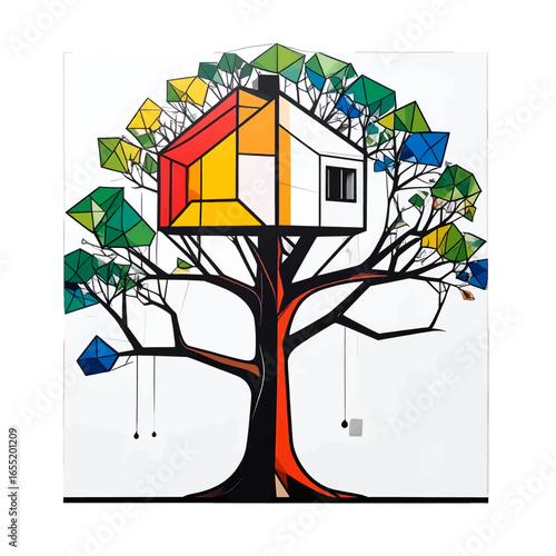 Colorful Treehouse with Geometric Leaves Design