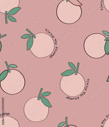 Seamless orange patterns with text Orange for picnic cute pattern for baby girls and toddlers print for T-shirts and drsss ,bags, background dusty peach, poster, mugs, textile.