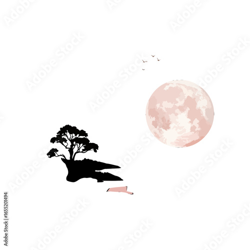 Silhouetted Tree and Moon, Night Scene