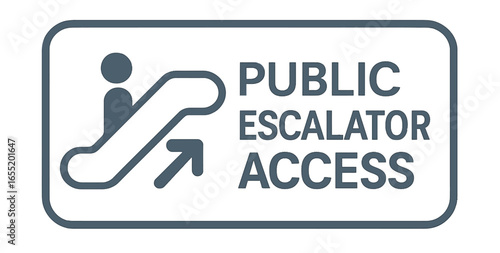 Public escalator access sign, guiding people with clear directional instructions. Modern flat vector sticker label with icon and badge style, transparent background