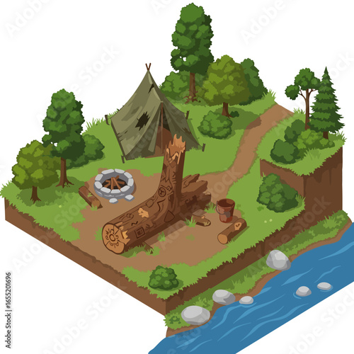 Isometric Campsite Scene with Tent, Log, and Fire Pit