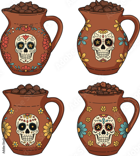 Four clay jars filled with brown contents, decorated with skulls and flowers on transparent background