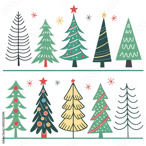 A collection of diverse flat illustrated Christmas trees in various styles and colors festive holiday