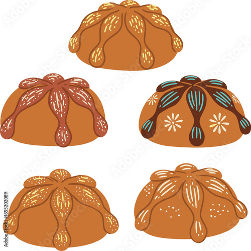Illustration of pan de muerto breads with different toppings on transparent background