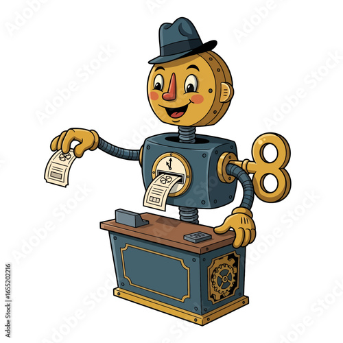 Animated Steampunk Robot Cashier Dispensing Receipt