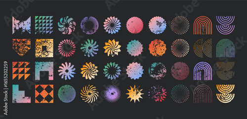 Brutalist geometric shapes, modern grunge symbols. Simple primitive elements and forms, distressed details. Retro design, aged, vintage, trendy contemporary minimalist style, y2k. Vector illustration