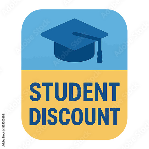 A student discount logo with a graduation cap, perfect for education promotions. Modern flat vector sticker label with icon and badge style, transparent background