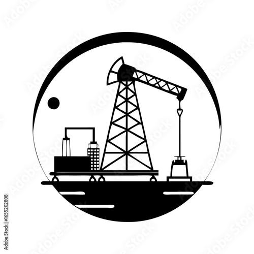 Vector art of oil rig pump jack industry energy drilling extraction petroleum gas fuel power production machinery equipment technology