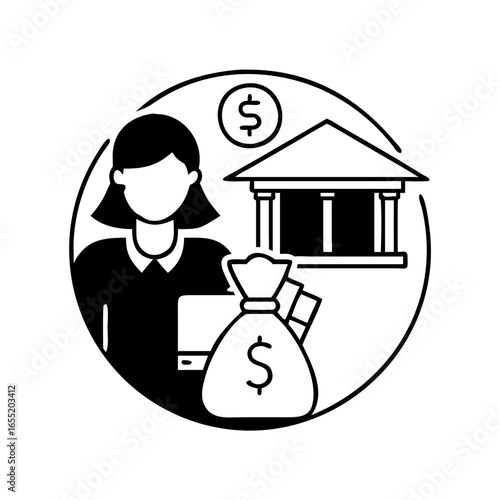 Vector art of financial concept with a bank, money bag, and a person, symbolizing banking, investment, and wealth management